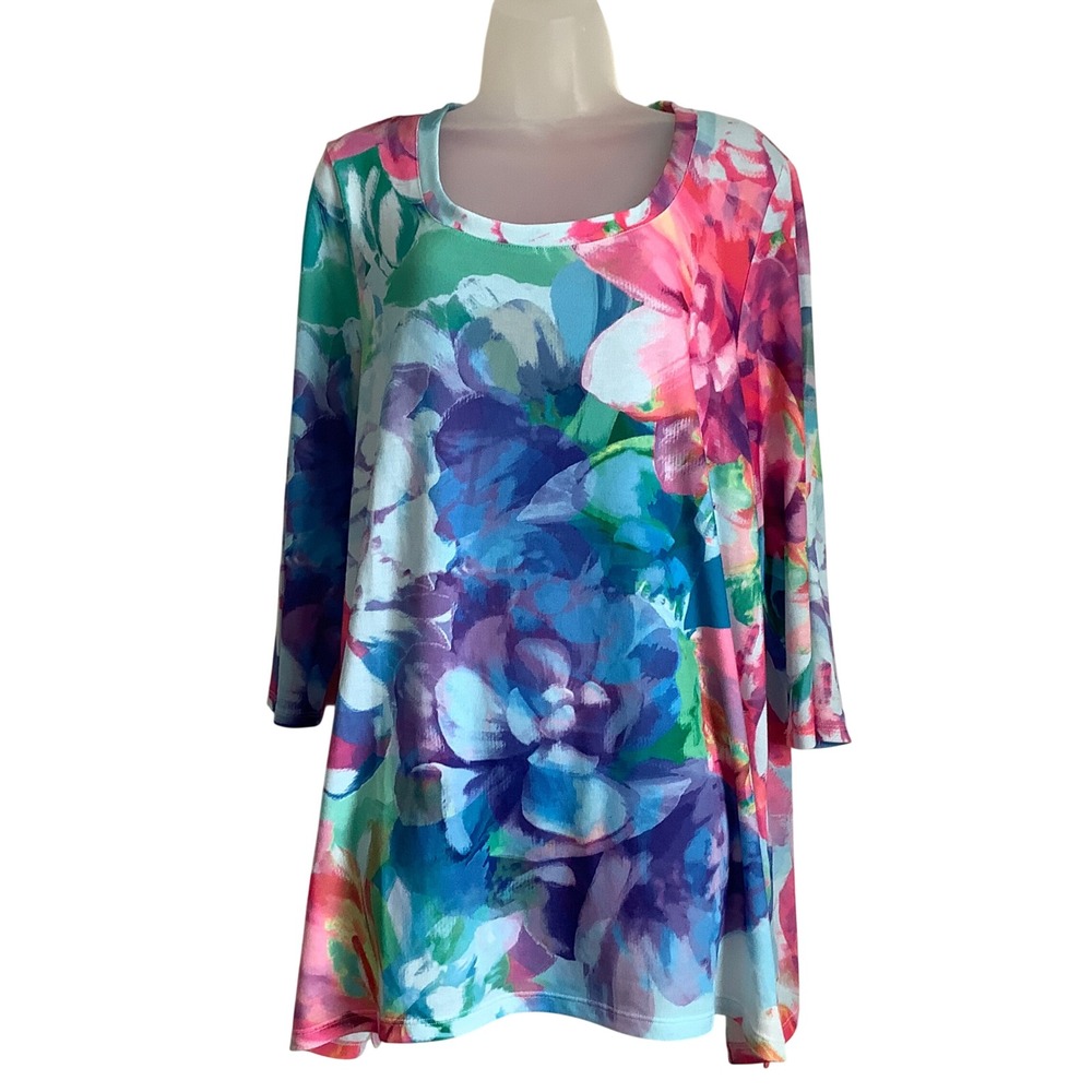 Soft‎ Surroundings Floral Tunic Top 1X Pink Blue 3/4 Sleeve Scoop Neck 5GG43